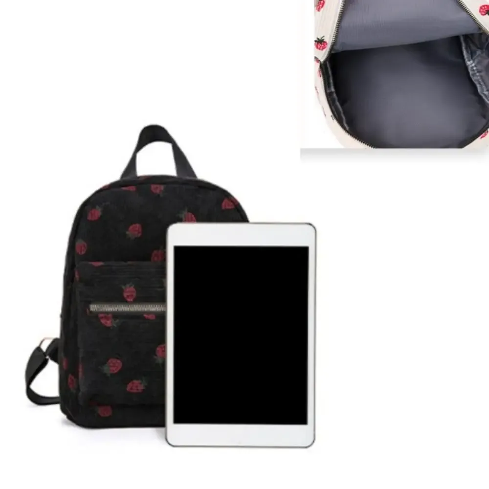 sac à dos fraise en velours côtelé, multi-poches, sangle réglable, sac à dos de voyage, grande capacité, motif fraise, sac à dos quotidien