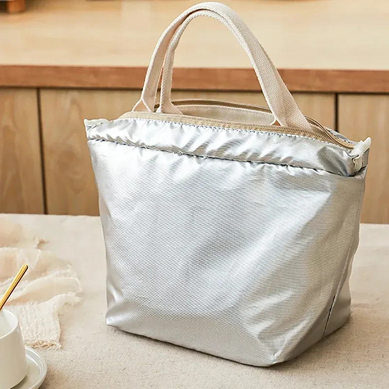 sac de rangement alimentaire en toile noir et blanc avec fermeture éclair, isolé en feuille d'aluminium, matériau facile à nettoyer, sac à lunch isotherme