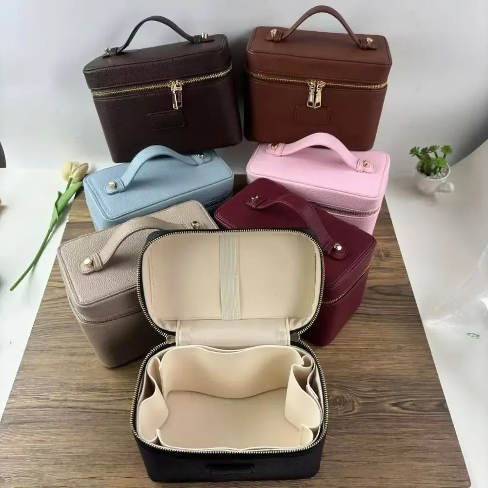 Sac à maquillage en cuir PU, forme carrée, grande capacité, sac cosmétique à main, doublure amovible, pochette cosmétique imperméable 