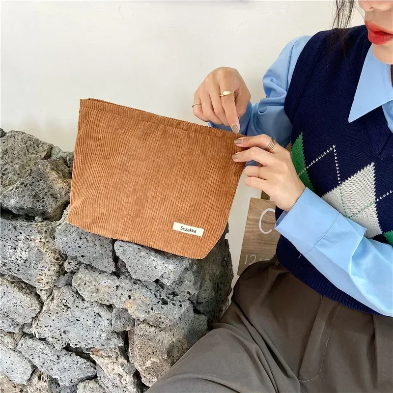 sac à cosmétiques en velours côtelé coréen, petite pochette de maquillage, trousse de toilette de voyage portable pour femmes, nécessaire de rangement, étui à crayons mignon pour étudiant