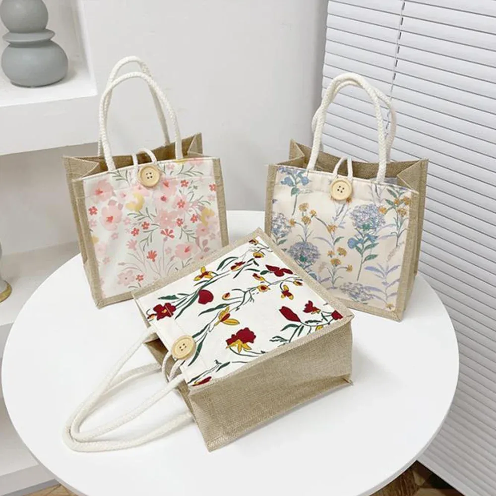 sac fourre-tout en lin avec fermoir à bouton, sac à lunch en poudre, sac fourre-tout, sac à main à bento, impr