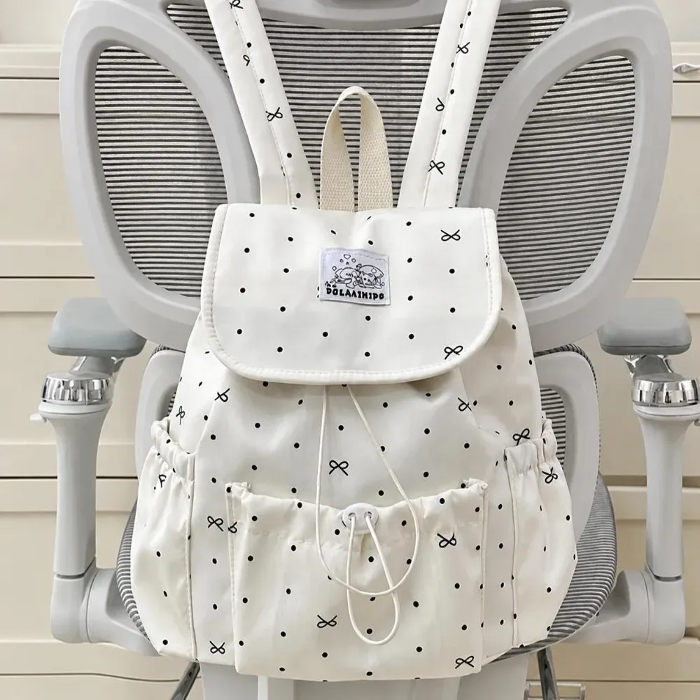Sac à dos à pois avec cordon de serrage et nœud, ultra léger, double bandoulière, grande capacité, en nylon, pour les trajets quotidiens et les voyages.