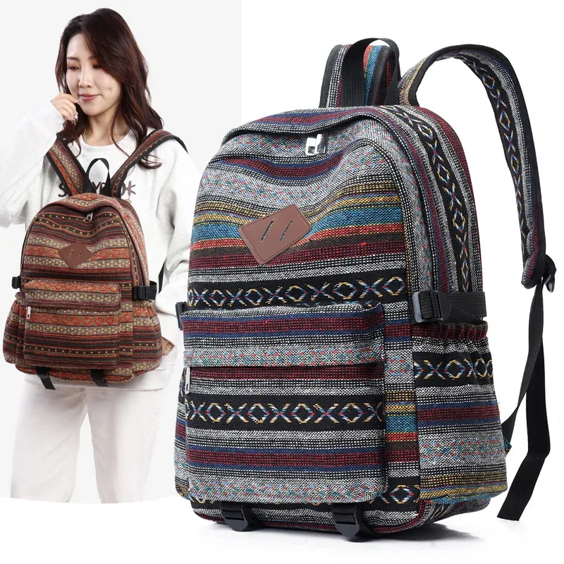 sac à dos de voyage décontracté en coton et lin, style ethnique, grande capacité, unisexe, pour loisirs en extérieur, résistant à l'usure, rayé