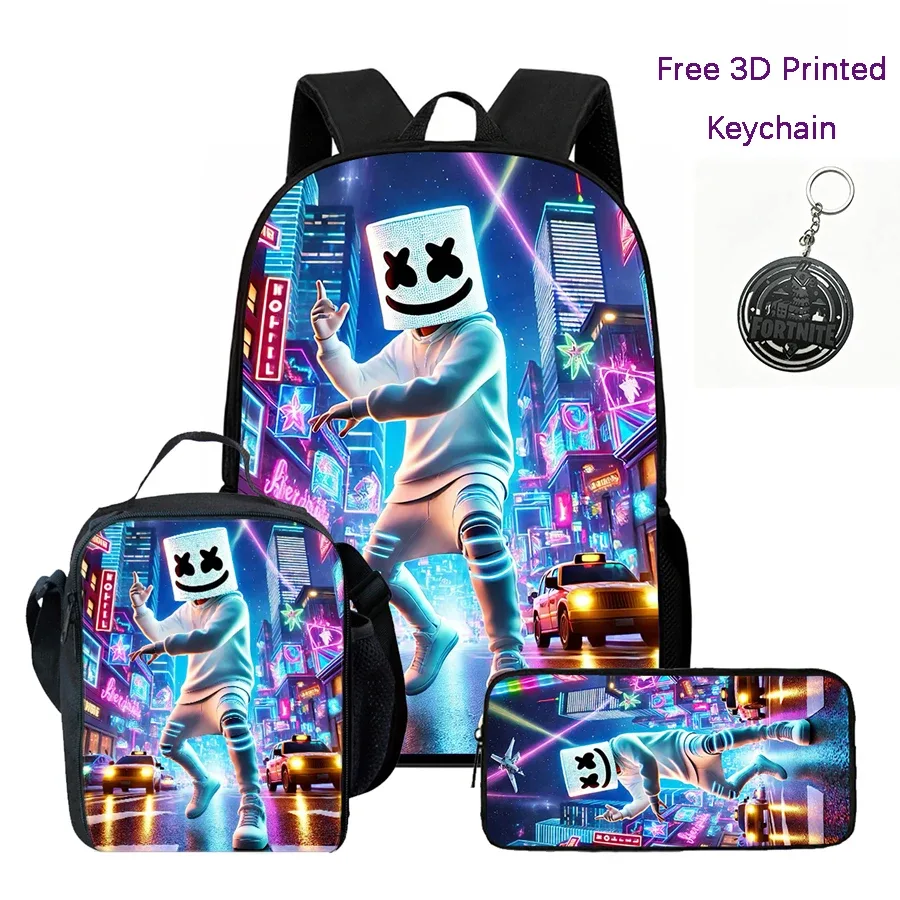 ensemble de 3 sacs à dos pour enfants, sac à lunch et trousse à crayons, sac fortnite à motif de dessin animé, léger pour garçons et filles de 6 à 10 ans, porte-clés imprimé en 3d gratuit