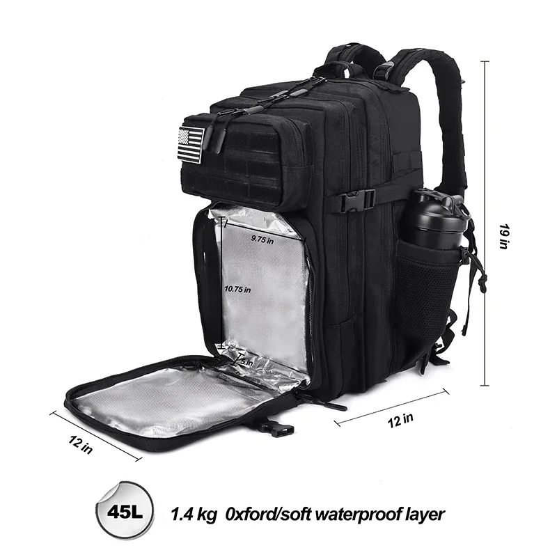 45l sac à dos de gestion des repas pour hommes femmes tactique adultes isolé déjeuner athlètes sac de sport sacs à dos de sport avec porte-bouteille