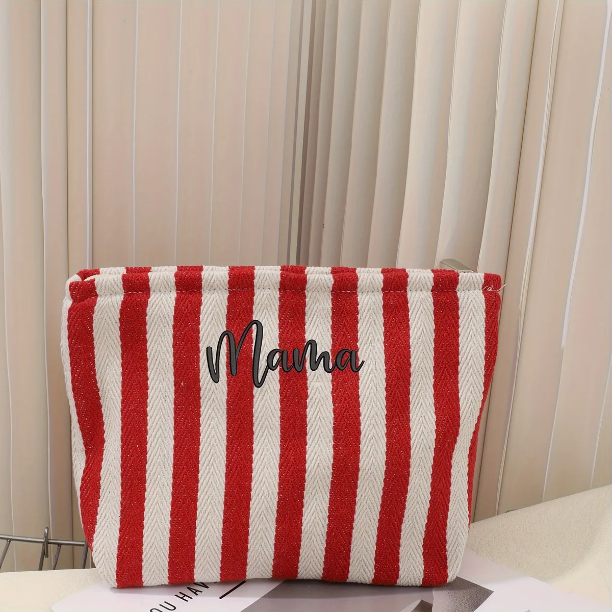 Trousse de maquillage rayée personnalisée, broderie du nom, pochette cosmétique, grande capacité, organisateur de toilette de voyage, cadeau pour femmes