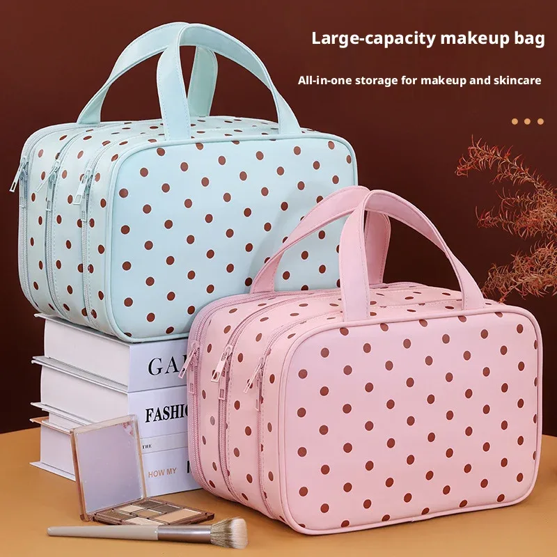 sac de maquillage portable à pois, multifonctionnel, à trois compartiments, en pu, grande capacité, imperméable, sac de rangement de voyage
