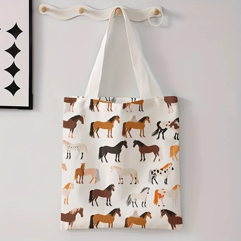 sac fourre-tout imprimé cheval en polyester, fourre-tout réutilisable à la mode avec impression alphabet, sac à main multifonctionnel pour sacs de courses