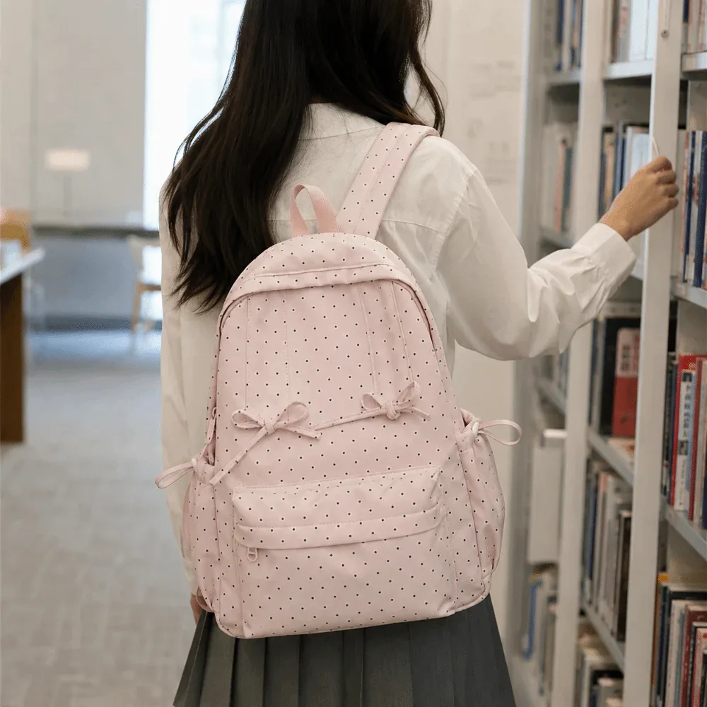Sac à dos Y2K à pois, grande capacité, léger, minimaliste, durable, avec nœud, pour étudiants, école, voyage