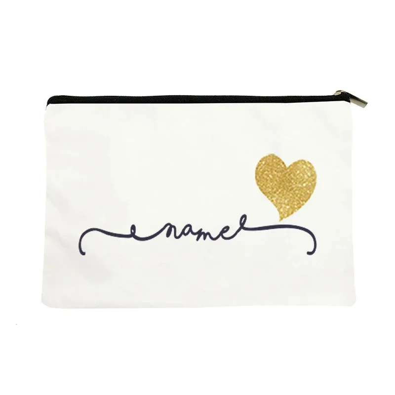 trousse de maquillage personnalisable en forme de cœur doré, pochette cosmétique, organisateur de voyage pour femmes, étui de rangement portable en toile pour articles de beauté