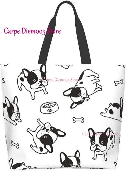 sac fourre-tout grande capacité pour femme, sac d'épicerie pour femme, bouledogues français mignons, initié