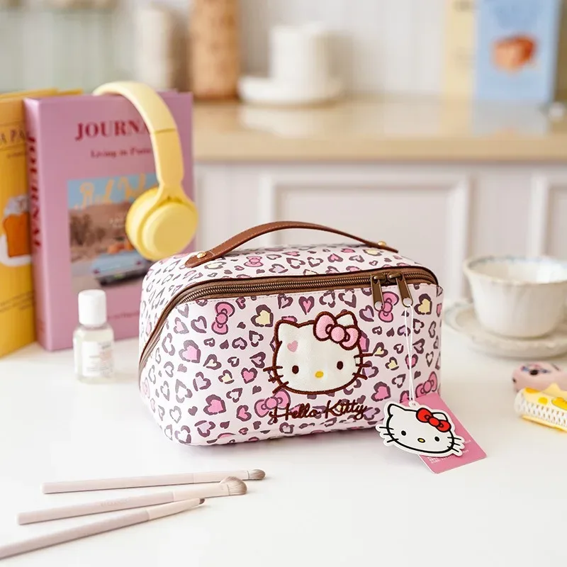 véritable trousse de maquillage hello kitty, trousse de maquillage kawaii à imprimé léopard, sac de rangement de grande capacité, sac de voyage portable.