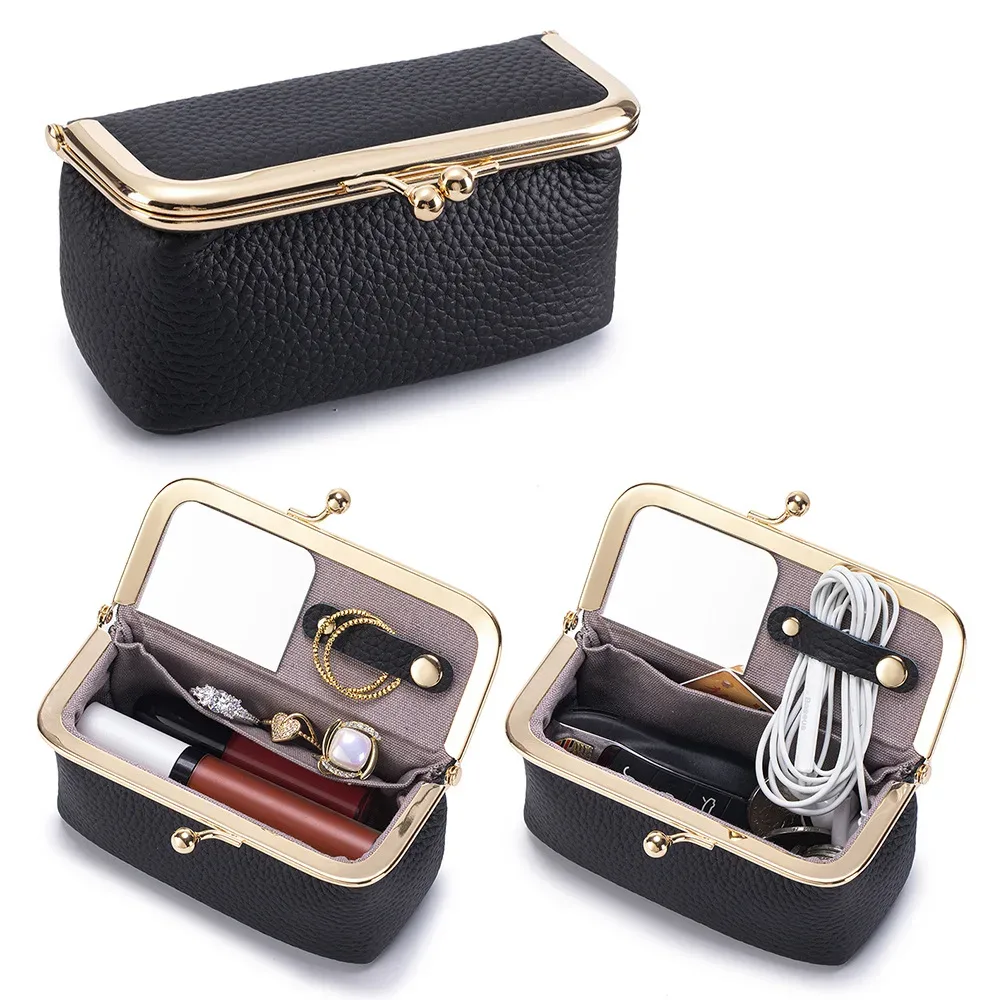 mini trousse de maquillage multifonction en cuir avec miroir, étui de voyage portable pour rouge à lèvres, bijoux, bagues, petits objets