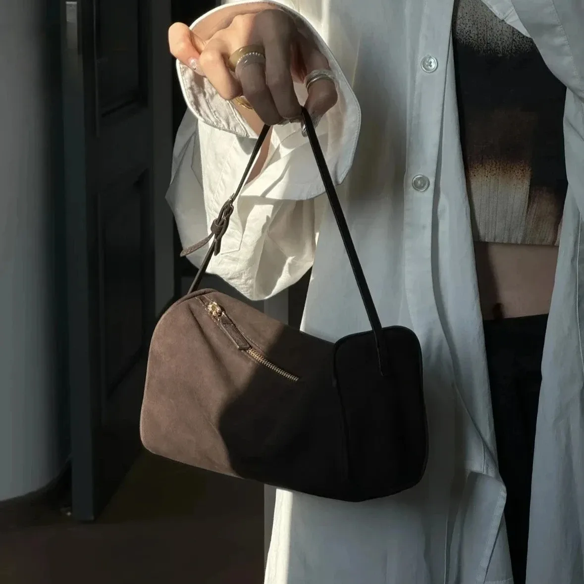 sac à main de luxe années 90 en cuir de vachette souple et daim véritable, mini sac bandoulière vintage pour femme