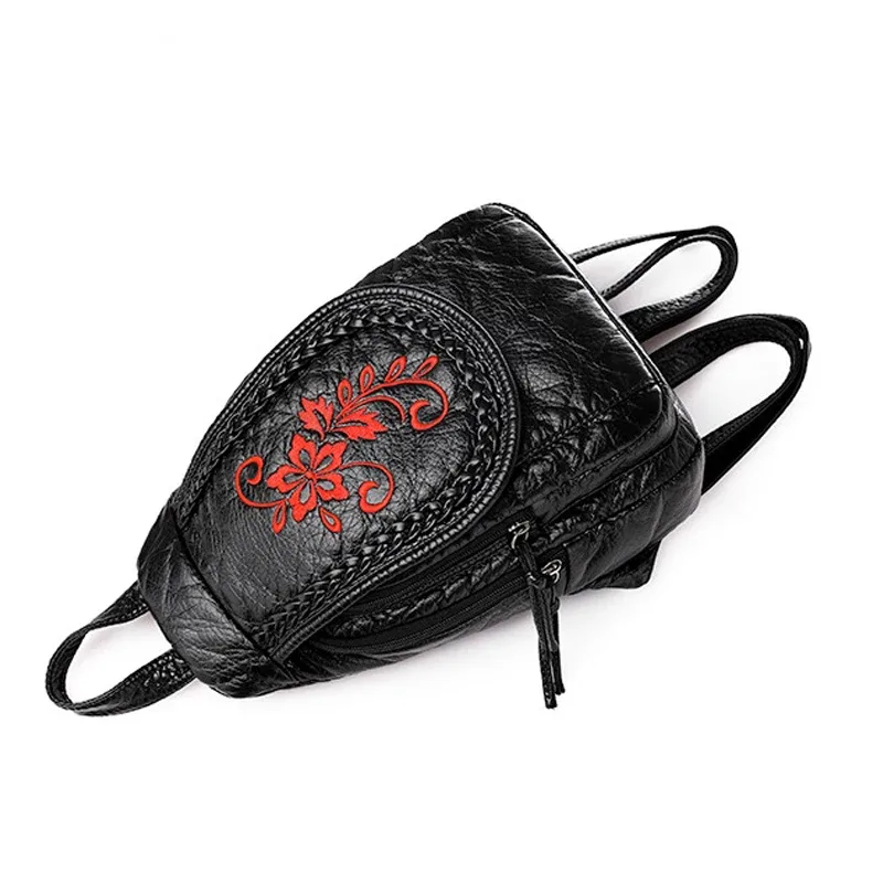sacs à dos en cuir pu pour femmes, petit sac de voyage en cuir souple, sac à dos brodé pour dames
