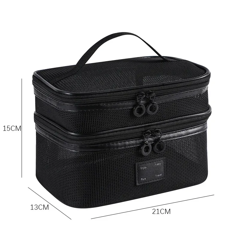 organisateur de toilette transparent de grande capacité, pochette de rangement cosmétique portable pour femmes, sac à maquillage respirant en maille