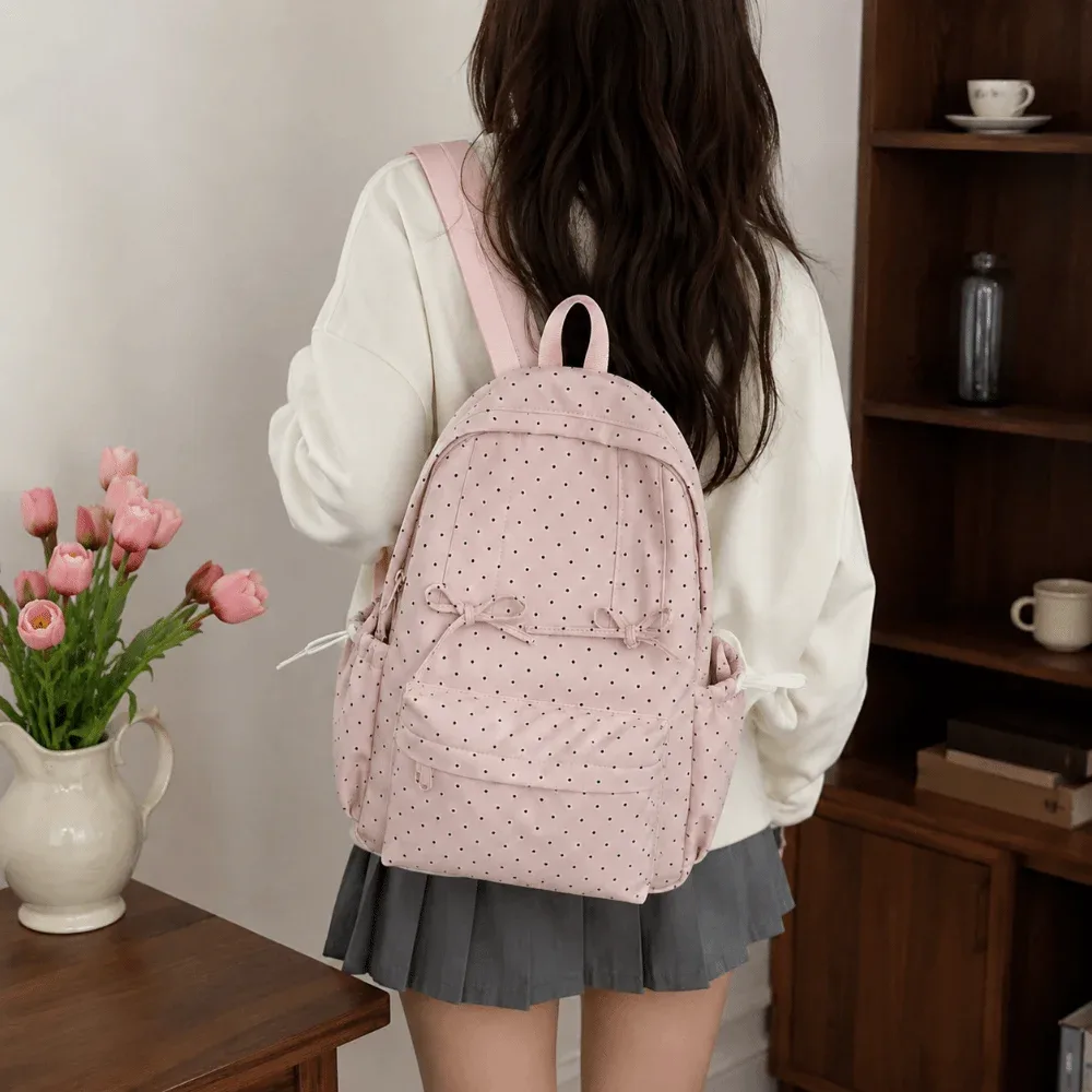 sac à dos mignon à pois avec nœud, grande capacité, minimaliste, léger, durable, pour étudiants, usage quotidien