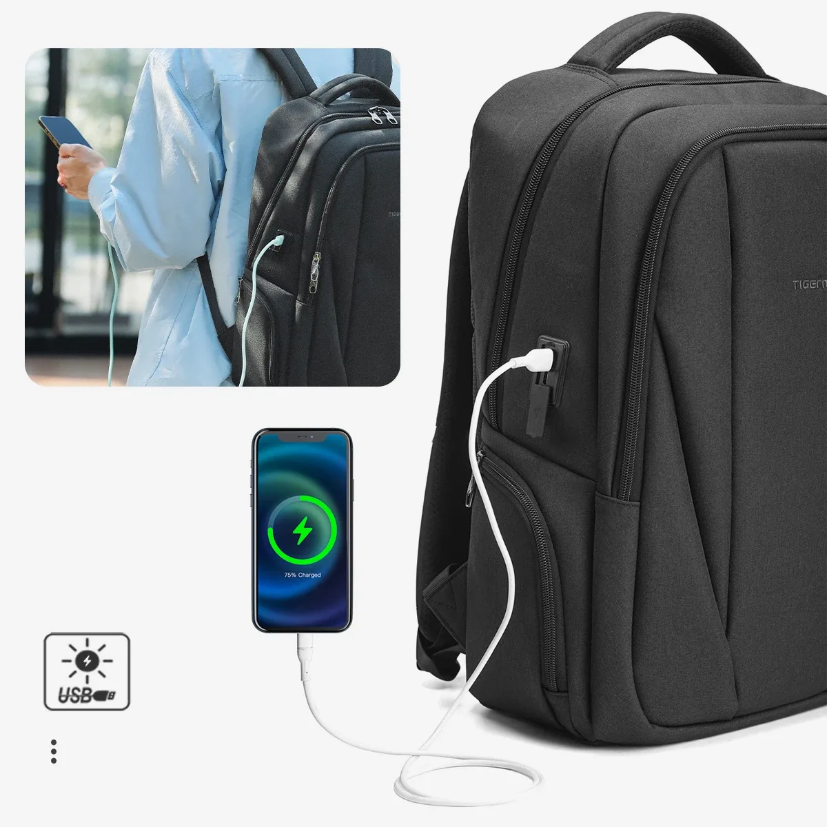 tigernu sacs de dégagement hommes sac à dos antivol usb charge 15.6 pochette d'ordinateur mochilas féminin mâle sac à dos cahier cartable