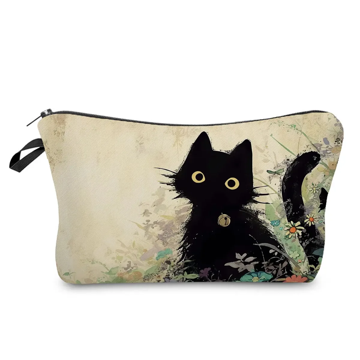 sacs de maquillage college chat noir pour femmes, sacs de rangement portables de voyage, impression d'animaux kawaii décontractés, sacs à cosmétiques double face avec fermeture éclair