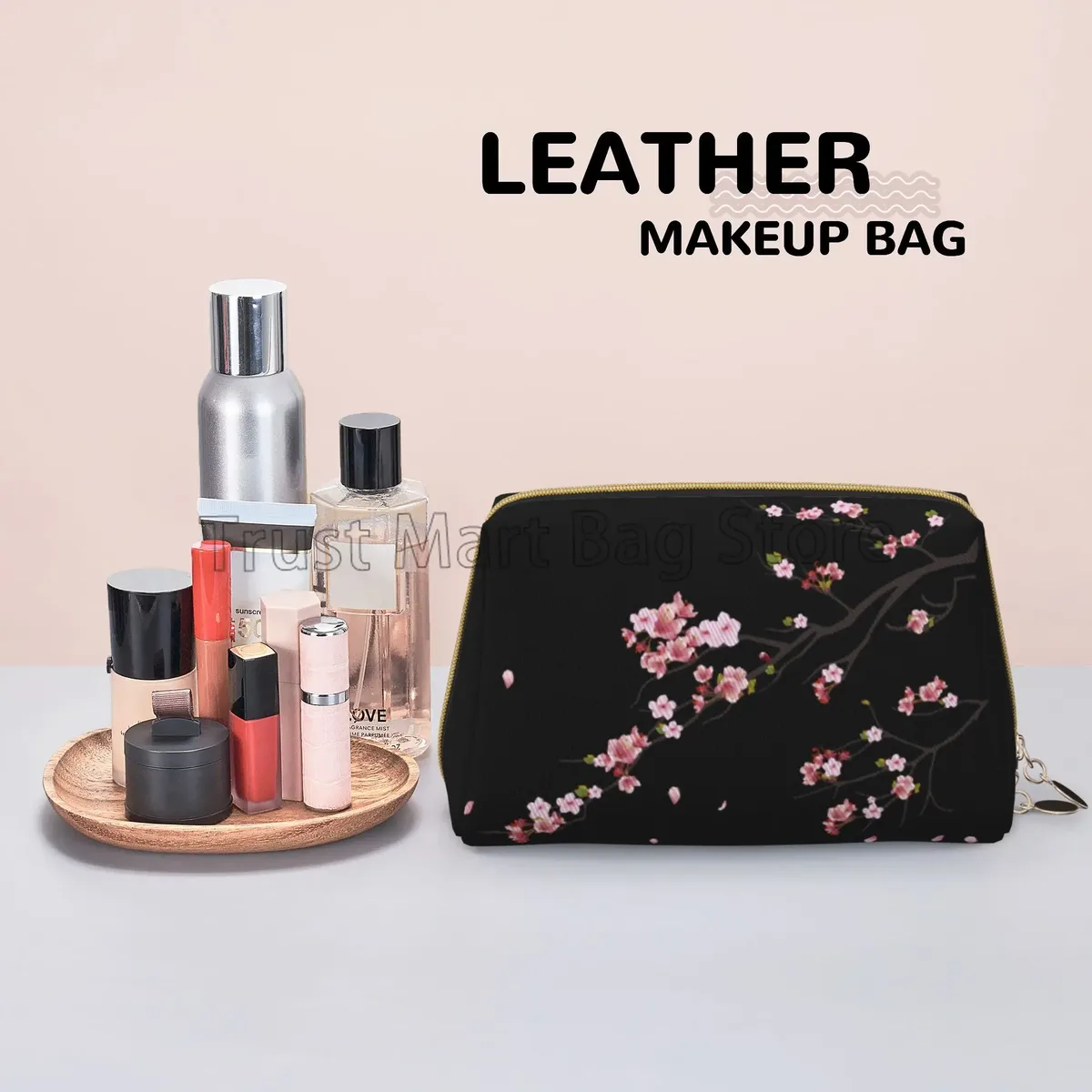 trousse de toilette en cuir sans fleurs pour femme, sacs cosmétiques de voyage, stockage de maquillage en poudre, étanche avec fermeture éclair, cadeau japonais sakura
