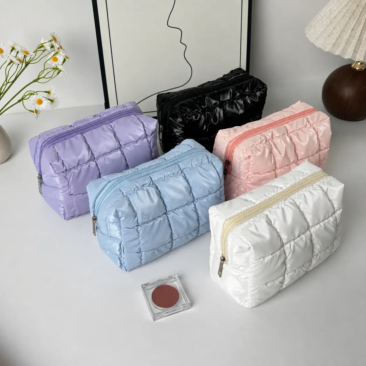 trousse de maquillage matelassée en coton doux et mignon, grande trousse de toilette à fermeture éclair, organiseur de cosmétiques rembourré pour femmes