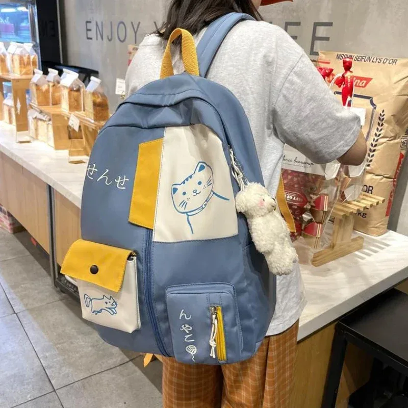 sac à dos coréen mignon chat de dessin animé pour femmes, cartable pour lycéens, grande capacité, sac à dos de voyage étanche en nylon