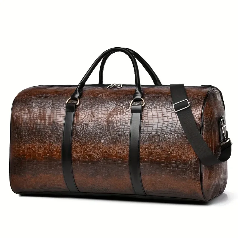 Sac de voyage rétro grande capacité en cuir texturé crocodile, sac de sport durable pour les vacances et les voyages d'affaires