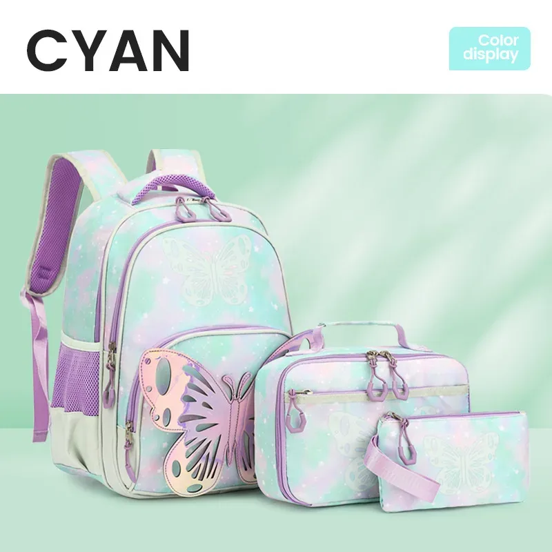 ensemble de sac à dos 3 pièces à motif papillon pour fille, sac d'école pour étudiant avec pochette fourre-tout, sacs à livres imperméables, ensemble de cartable de rêve kawaii