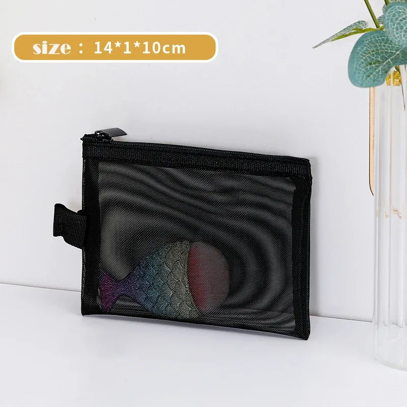 trousse à cosmétiques en maille noire transparente pour femme, trousse de maquillage, petite et grande trousse de toilette, étui de voyage pour pinceaux, 1pc