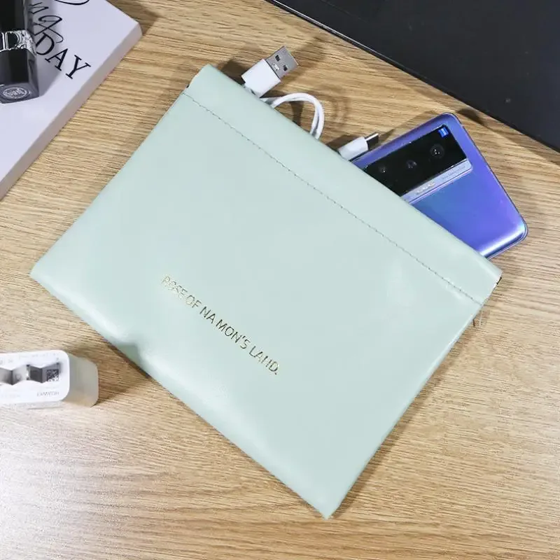 sac de rangement en cuir pu tendance, fermeture automatique, étanche, portable, pour écouteurs, câbles de charge, cosmétiques, rouges à lèvres et bijoux