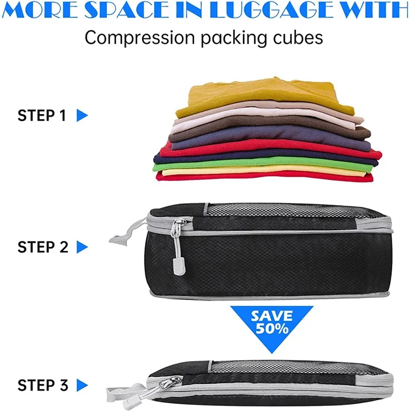 lot de 5 sacs de rangement pour vêtements de voyage, cubes de compression légers, organisateurs de bagages, sacs de sous-emballage, accessoires de voyage