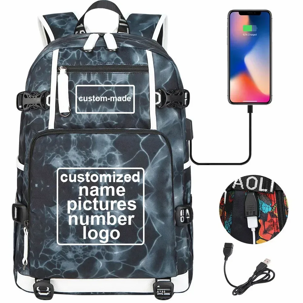 sac à dos en toile pour hommes et femmes, imprimé personnalisé, avec photo ou logo, pour enfants, garçons et filles, usb, pour ordinateur portable, grand sac de voyage