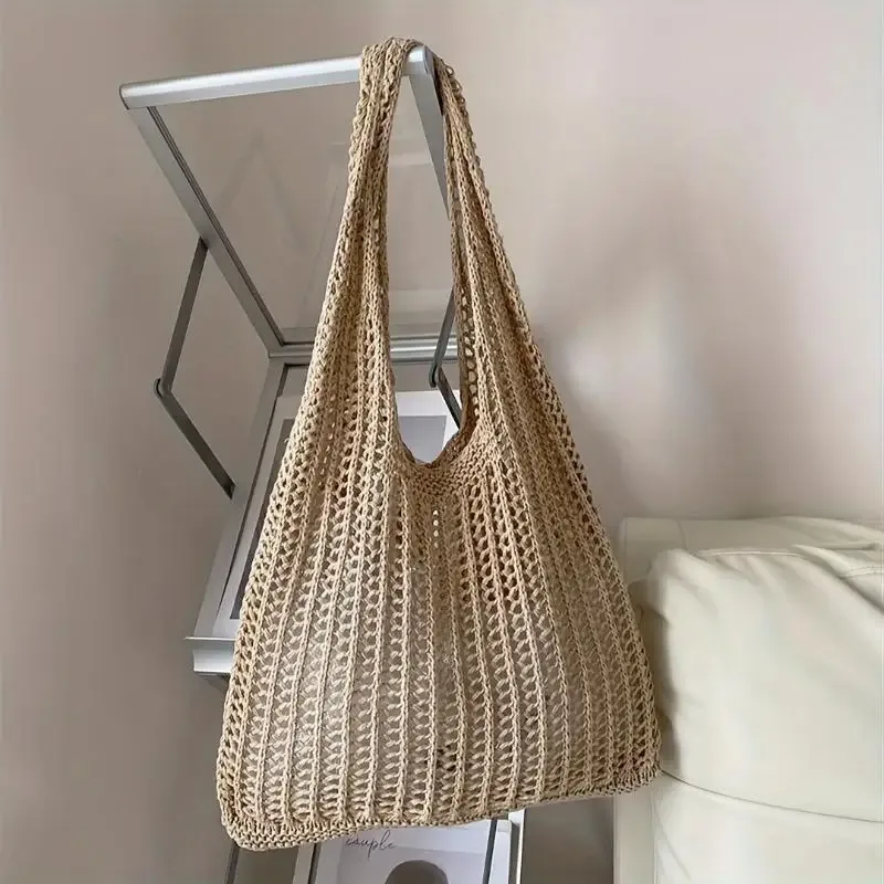 sac à bandoulière bohème grande capacité couleur unie, en tricot respirant ajouré, sac à main décontracté d'été b.h