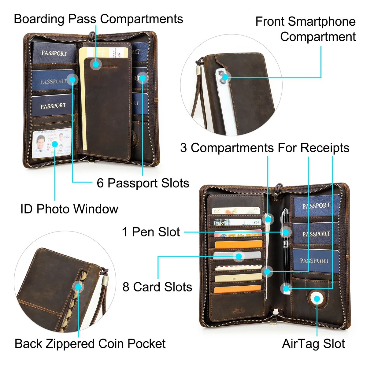 portefeuilles de voyage en cuir véritable contact's pour la famille, pochettes vintage pour hommes, étuis de passeport, porte-cartes, poche pour téléphone