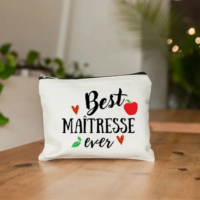 pochette à cosmétiques imprimée maîtresse de remerciement français, trousse de toilette, trousse de maquillage pour femme, sac de rangement portable, meilleur cadeau pour enseignant