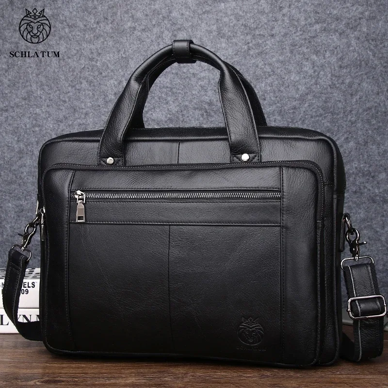SCHLATUM Sac d'ordinateur de bureau en cuir véritable pour hommes, Porte-documents d'affaires, sacs à main de luxe noirs, Porte-documents pour ordinateur portable, 16"