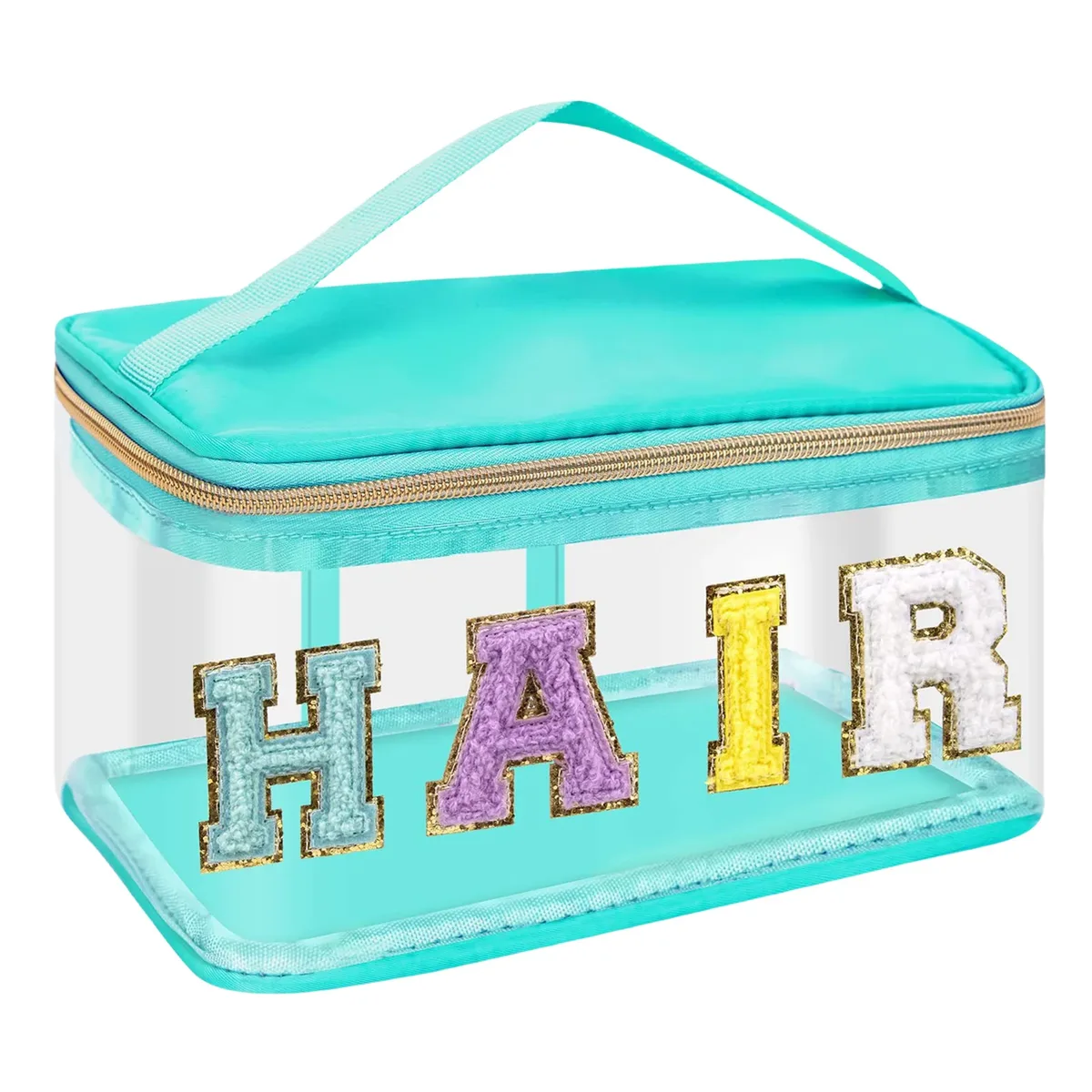 trousse de maquillage transparente verte de grande capacité, pochette à cosmétiques décorative avec lettres de cheveux, organisateur de toilette de voyage pour femmes et filles, salle de bain