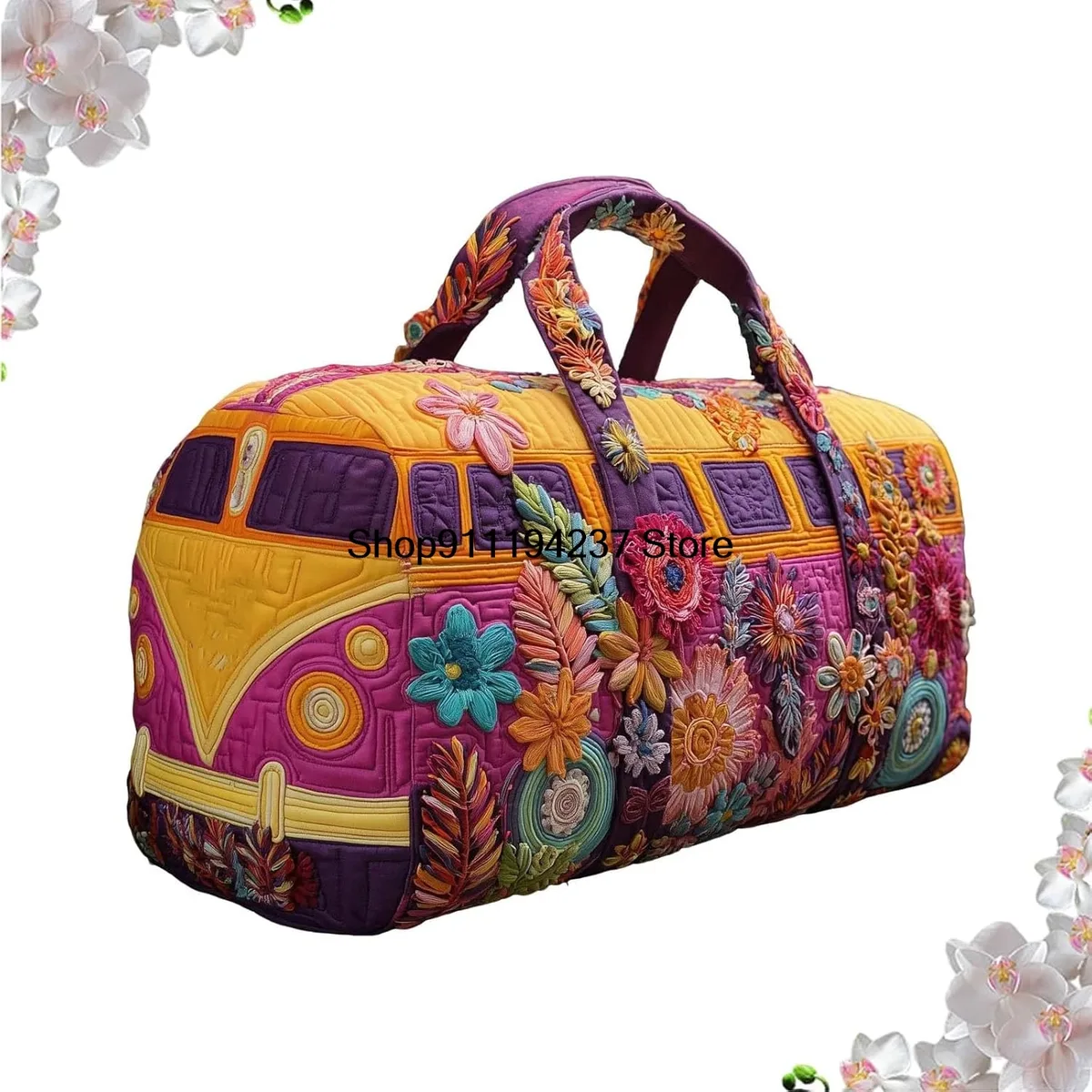 sac de voyage matelassé hippie van, sac de voyage matelassé hippie journey, sac de voyage week-end vintage à motifs floraux, sacs de sport