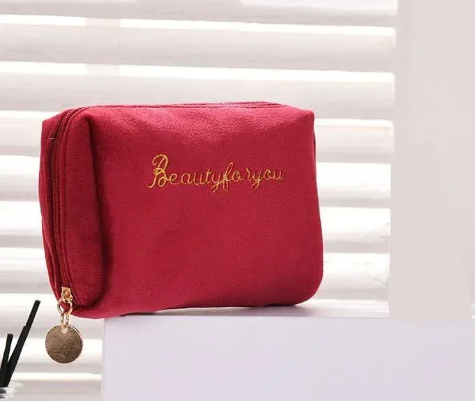 trousse de maquillage en velours avec fermeture éclair pour femme, trousses de toilette, broderie de lettres, poudres cosmétiques, monochromatique, femme