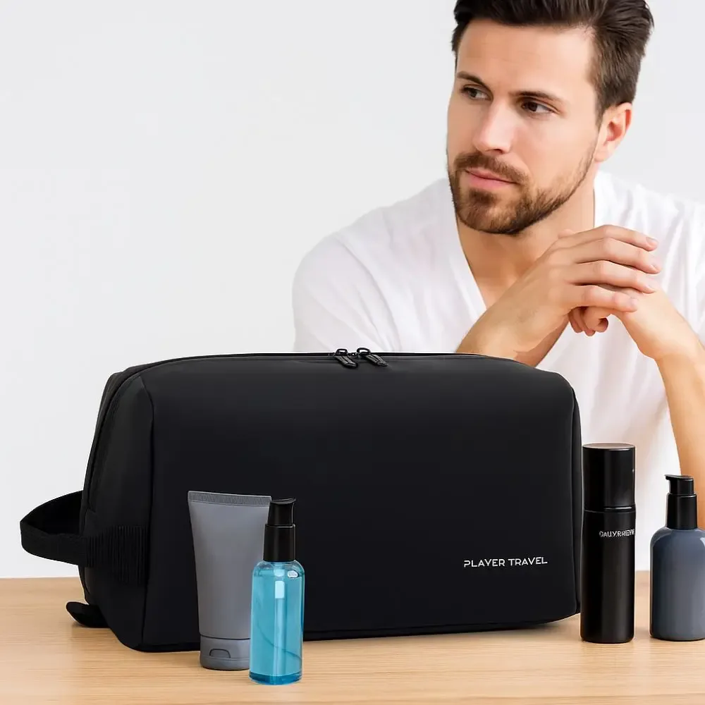 sac à cosmétiques étanche pour hommes, trousse de toilette légère en pu de grande capacité, trousse de maquillage à main avec séparation sèche et humide