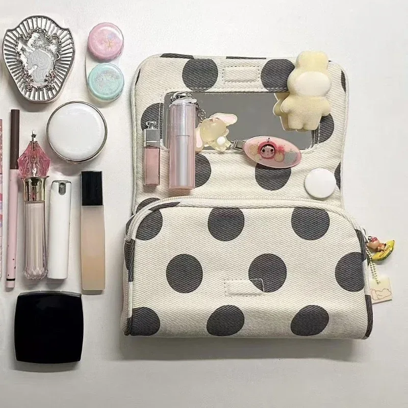 trousse de maquillage coréenne à rayures roses avec miroir, mini pochette de rangement pour cosmétiques, organisateur de beauté portable pour filles, usage quotidien