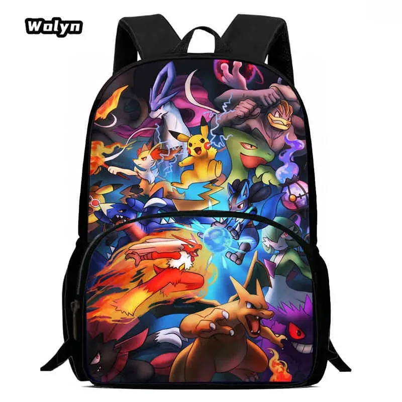 sac à dos scolaire pour enfants avec poche avant pour les 6-10 ans, sac d'école imprimé anime pokermom de grande capacité pour garçons et filles