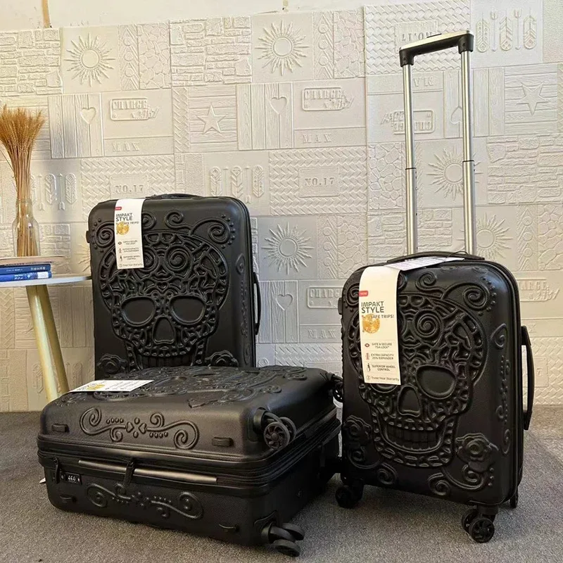 valise trolley de voyage à roulettes grande taille, style punk squelette, avec éléments pop personnalisés, verrou de douane, bagage cabine