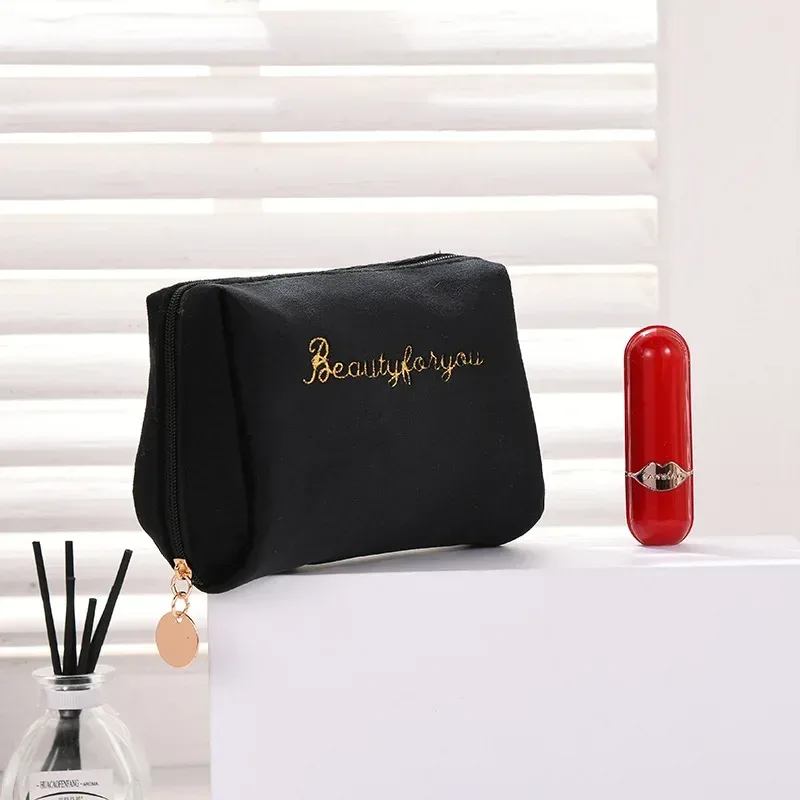 sac à cosmétiques pour femmes, fermeture éclair, lettre en velours brodée, pochette de maquillage solide pour cosmétiques, trousse de toilette, sacs de maquillage féminins