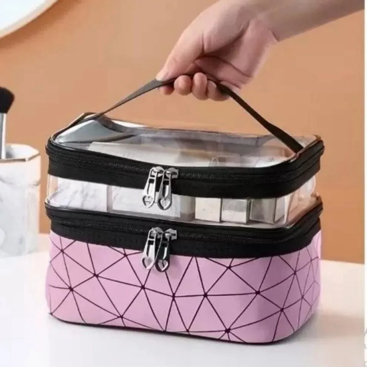 double trousse de maquillage portable de grande capacité, version coréenne, sac de toilette multifonctionnel de voyage ringer, sac de rangement portable