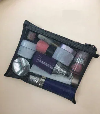 sacs de maquillage de lavage de toilette, trousse de maquillage en maille transparente noire, pochette de rangement, sac à cosmétiques de voyage pour femmes, fermeture éclair décontractée