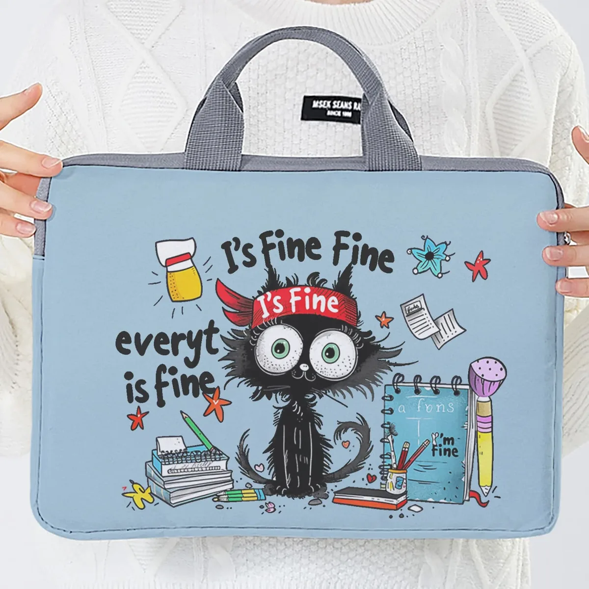 ensemble unique, deux styles, sacoche pour ordinateur portable et porte-documents à motif de chat noir, adapté aux ordinateurs portables de 14 pouces.