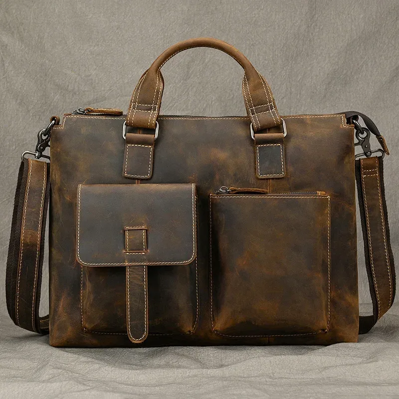 mode crazy horse mallette en cuir sac hommes sacs pour ordinateur portable hommes officetote sac en cuir de vache sac à main a4 portefeuille hommes sacs à main