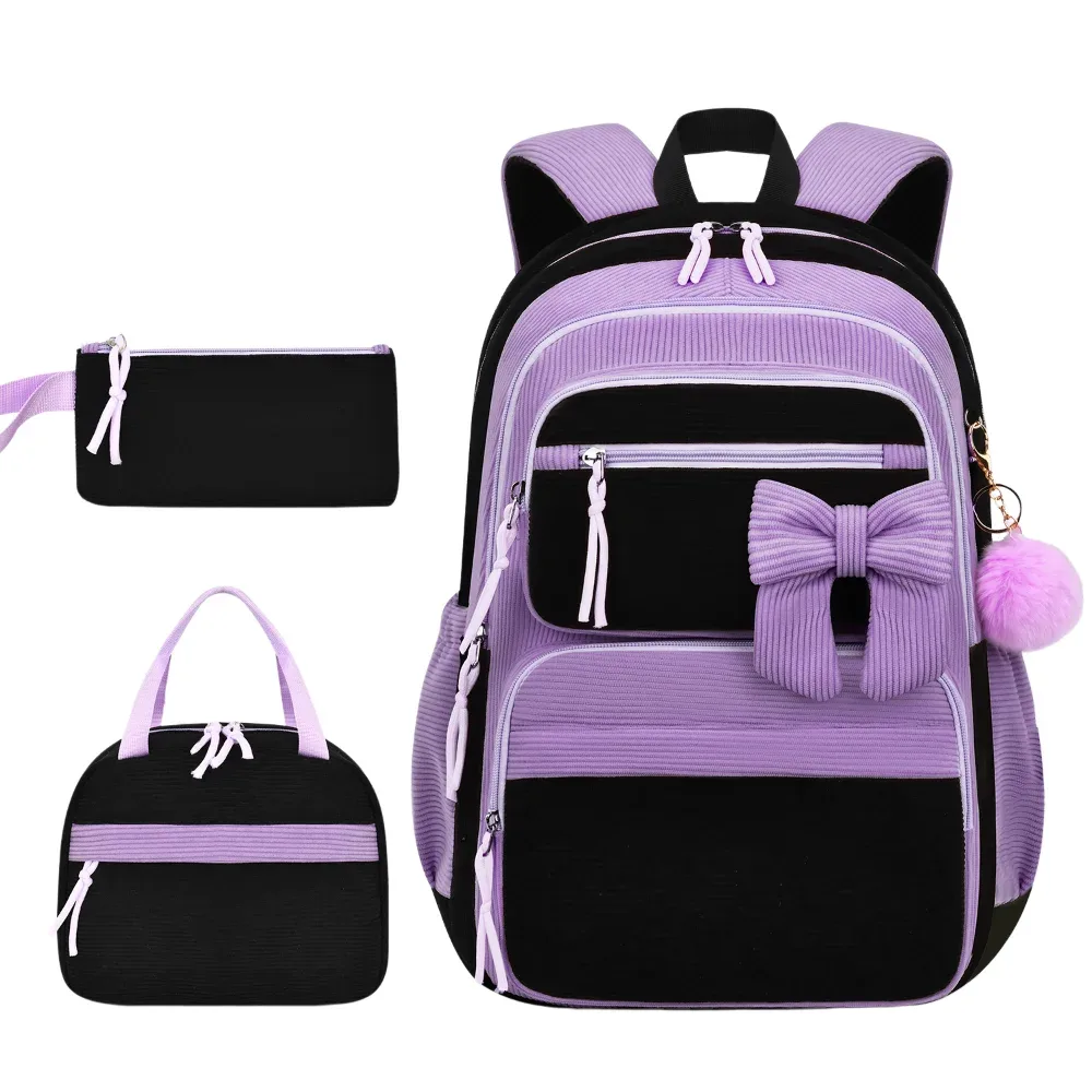 ensemble de 3 pièces : sac à dos, sac à lunch et trousse à crayons en velours côtelé, grande capacité, avec nœud décoratif, 4 couleurs, léger.