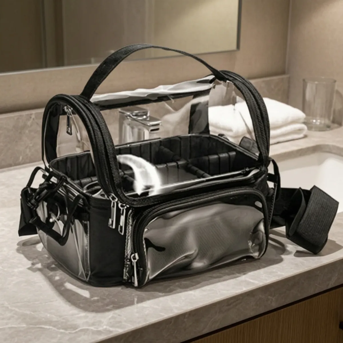trousse de maquillage avec séparateurs réglables, organiseur de cosmétiques transparent portable pour les voyageurs, comptoir de salle de bain